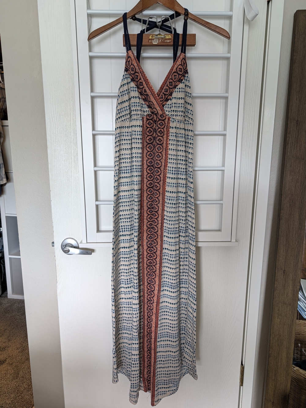 American Rag Cream Maxi Dress with Coral Trim and Navy Accents